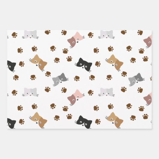 Katzenmuster, Kitty Faces & Paw Prints Geschenkpapier Set (Vorderseite)