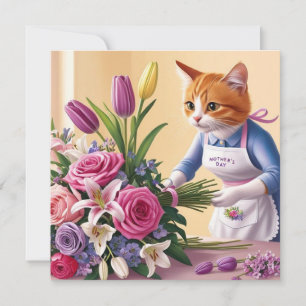 Katzenmutter arrangiert Blumen zum Muttertag Feiertagskarte