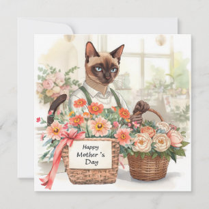 Katzenmutter arrangiert Blumen zum Muttertag  Feiertagskarte