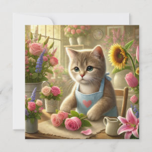Katzenmutter arrangiert Blumen zum Muttertag Feiertagskarte