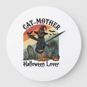 Katzenmutter Halloween Liebhaber schwarzer Hexenhu Große Wanduhr