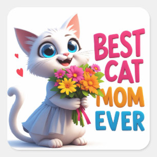 Katzenmutter Liebe Mit Blumen Und Herzen 🐱 Quadratischer Aufkleber