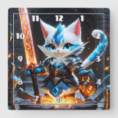 Katzennacht in der Rüstung, die ein flammendes Sch Quadratische Wanduhr (Vorderseite)