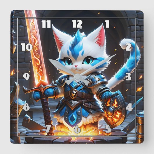 Katzennacht in der Rüstung, die ein flammendes Sch Quadratische Wanduhr (Vorderseite)