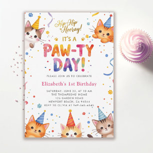 Katzenparty Farbige Kätzchen Kinder Süß 1. Geburts Einladung