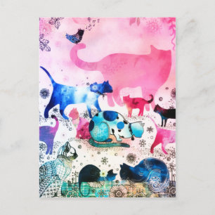 Katzenparty-Haus Glitter-Kunst Rosa Aquarell Feiertagspostkarte