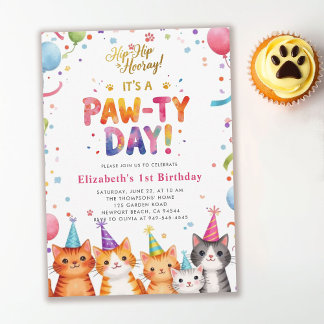 Katzenparty Kätzchen Bunte Luftballons 1. Geburtst Einladung