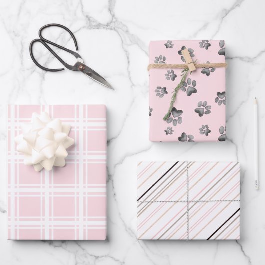 Katzenpflaster auf Rosa, Streifen und Plate Geschenkpapier Set (Vorderseite)