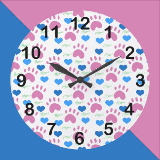 Katzenpfoten-Herzen-Miau-Rosa-Blau-Muster Große Wanduhr