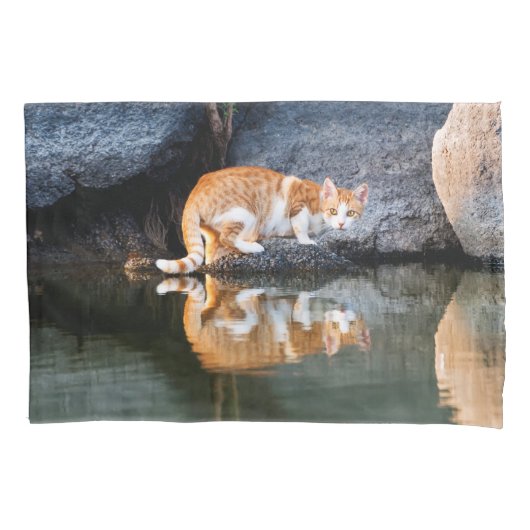 Katzenreflektion im Foto des Teichwassers - Kissenbezug (Vorderseite)