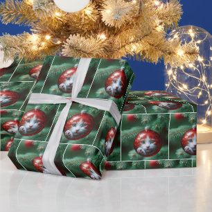 Katzenreflexion in einem roten Weihnachtsbaumschmu Geschenkpapier