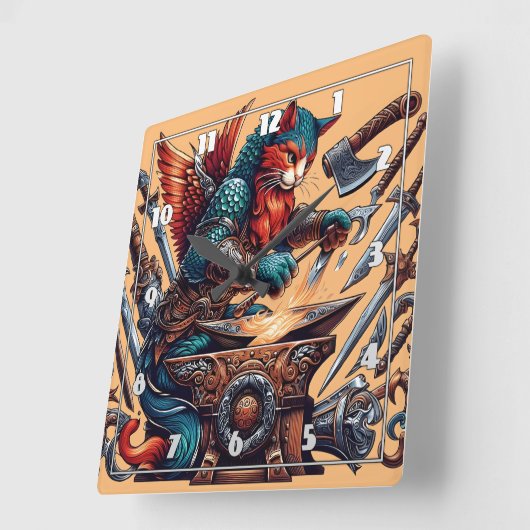 Katzenschmieden von Waffen in Fantasy Workshop Quadratische Wanduhr (Winkel)