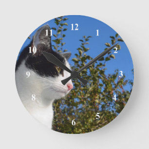 Katzenschwarz und Weiß-Foto Runde Wanduhr