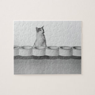 Katzensitze und lecken neben der Tierschale auf we Puzzle