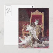 Katzenspiel auf rotem Samtstuhl Vintage Postkarte (Vorne/Hinten)