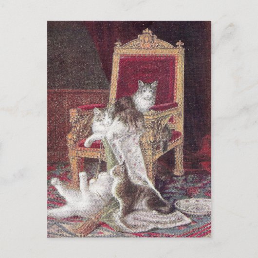 Katzenspiel auf rotem Samtstuhl Vintage Postkarte (Vorderseite)