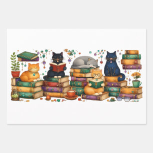 Katzenszene in gemütlicher Bibliothek beim Bücherl Geschenkpapier Set
