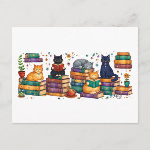 Katzenszene in gemütlicher Bibliothek beim Bücherl Postkarte