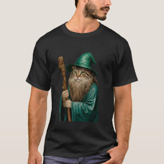 Katzenzauberer mit Stab in grünen Roben T-Shirt