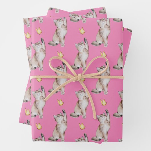 Katzenzucht für gelbe Schmetterlinge auf rosa Geschenkpapier Set (Beispiel)