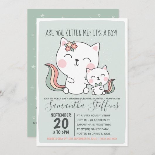 Kätzst du mich Niedlich Green Cat Boy Baby Dusche? Einladung (Vorne/Hinten)