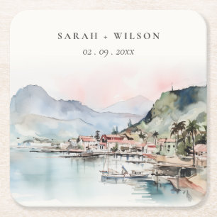 Kauai Hawaii Aquarell-Landschaft-Hochzeit Rechteckiger Pappuntersetzer