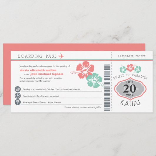 Kauai Hawaii Hibiskus Boarding Pass Wedding Einladung (Vorne/Hinten)