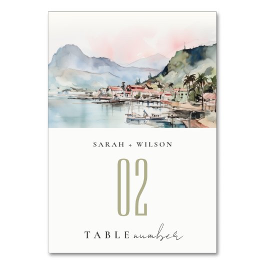 Kauai Hawaii Watercolor Landscape Wedding Tischnummer (Vorderseite)
