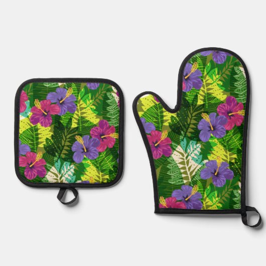 Kauai Jungle Hawaiian Hibiskus und Palms Brights Ofenhandschuh & Topflappen-Set (Vorderseite)