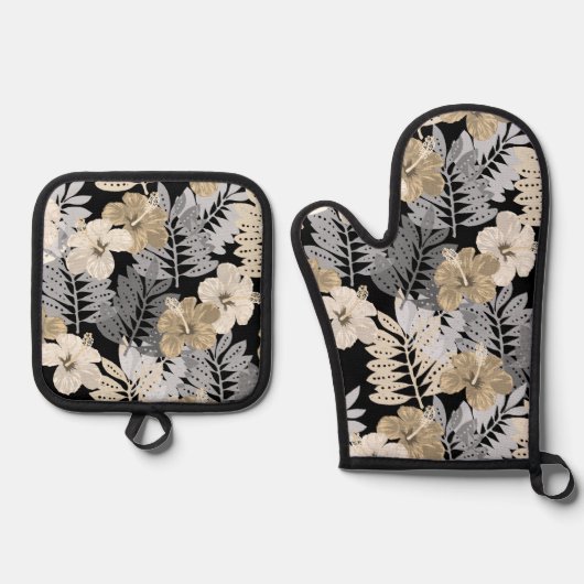 Kauai Jungle Hawaiian Hibiskus und Palms Neutral Ofenhandschuh & Topflappen-Set (Vorderseite)