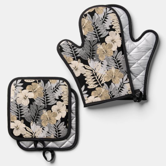 Kauai Jungle Hawaiian Hibiskus und Palms Neutral Ofenhandschuh & Topflappen-Set (Vorderseite/Rückseite)