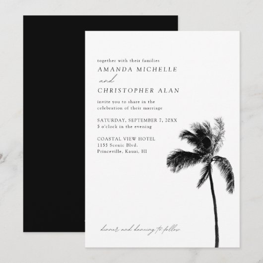 Kauai Wedding Hawaii Black & White Elegant Einladung (Vorne/Hinten)