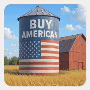 "Kaufen Sie Amerikaner"-Zeichen auf einem Bauernsi Quadratischer Aufkleber