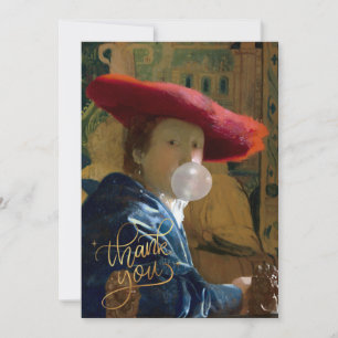 Kaugummi-Diva mit rotem Hut beim Aufblasen eines K Dankeskarte