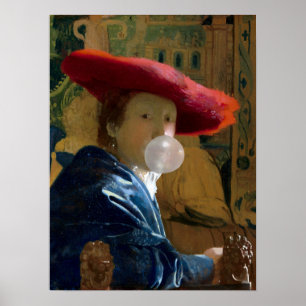 Kaugummi-Diva mit rotem Hut beim Aufblasen eines K Poster