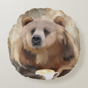 Kaum Awake Bear Sipping Coffee Decorative Rundes Kissen