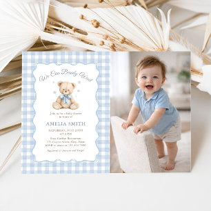 Kaum warten Bärchen Blau Teddy Bär Baby Shower Fot Einladung