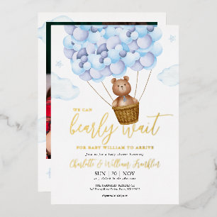 Kaum warten Teddybär blauer Junge Foto Baby Shower Folieneinladung