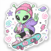 Kawaii-Alien-Skater-Bubble-Tea-Design Aufkleber (Vorderseite)