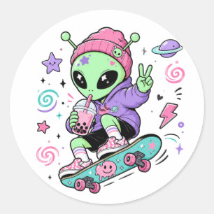 Kawaii-Alien-Skater-Bubble-Tea-Design Runder Aufkleber