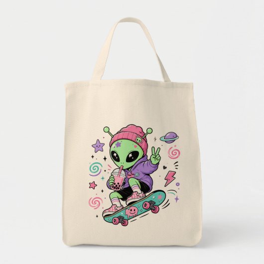 Kawaii-Alien-Skater-Bubble-Tea-Design Tragetasche (Vorne)