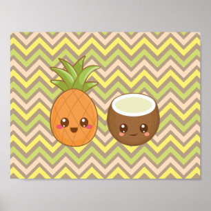 Kawaii Ananas-Kokosnuss-Plakat Poster