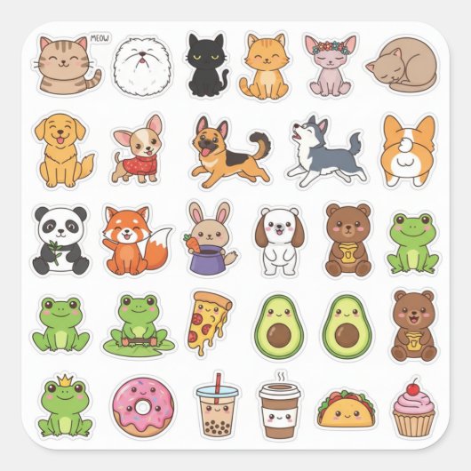 Kawaii Animals & Food Lover's Sticker Set (Vorderseite)