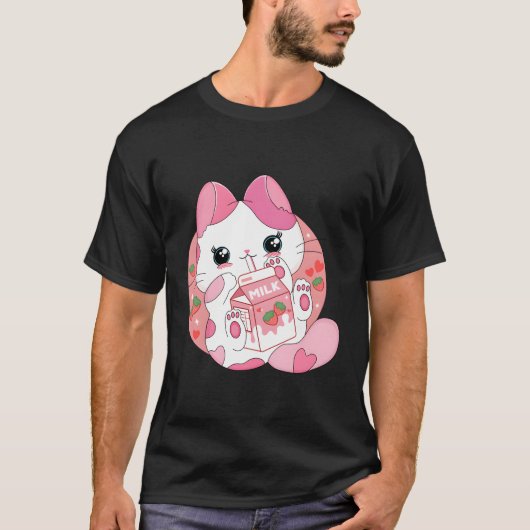 Kawaii Anime Cat Drinking Strawberry Milk Japanisc T-Shirt (Vorderseite)