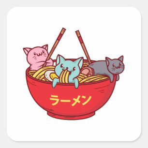 Kawaii Anime Cat Funny Adorable Japanisch Ramen Quadratischer Aufkleber