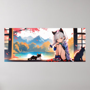 Kawaii Anime Cat Girl Sakura Tapestes - Wall Art Poster