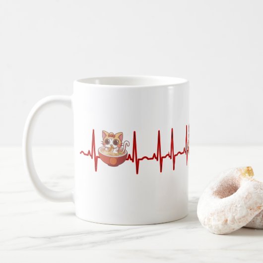Kawaii Anime Cat Ramen Noodles Otaku EKG Heartbeat Kaffeetasse (Mit Donut)
