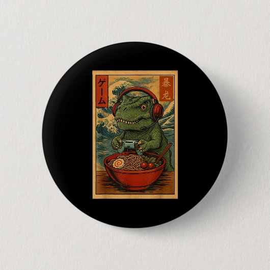 Kawaii Anime Gamer T-rex Ramen Retro Japanese Gami Button (Vorderseite)