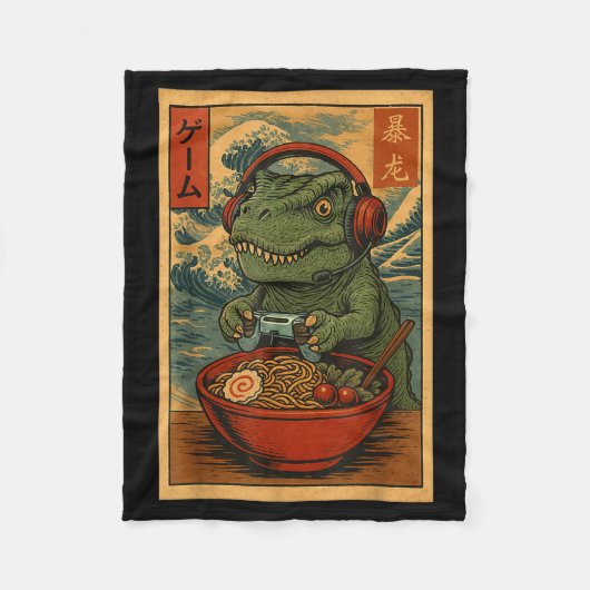 Kawaii Anime Gamer T-rex Ramen Retro Japanese Gami Fleecedecke (Vorderseite)