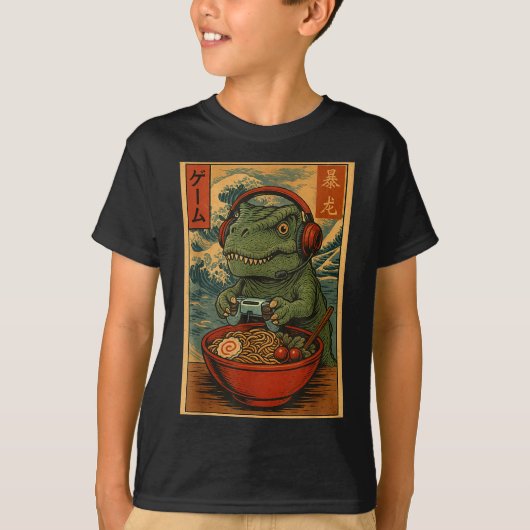 Kawaii Anime Gamer T-rex Ramen Retro Japanese Gami T-Shirt (Vorderseite)
